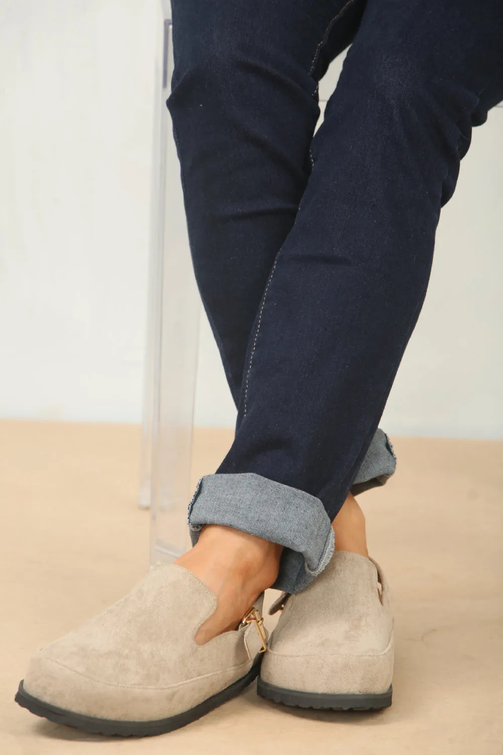 SPLIT KHAKI SUEDE CLOGS WITH BUCKLE